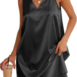Satin V Neck Nightgown, Sleeveless Sleepshirt and Lightweight Summer Loungewear