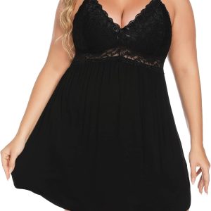 Plus Size Lace Modal Chemise, V Neck Full Slip Babydoll Nightgown