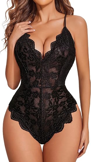 Scalloped Cross-Strap Lace Bodysuit